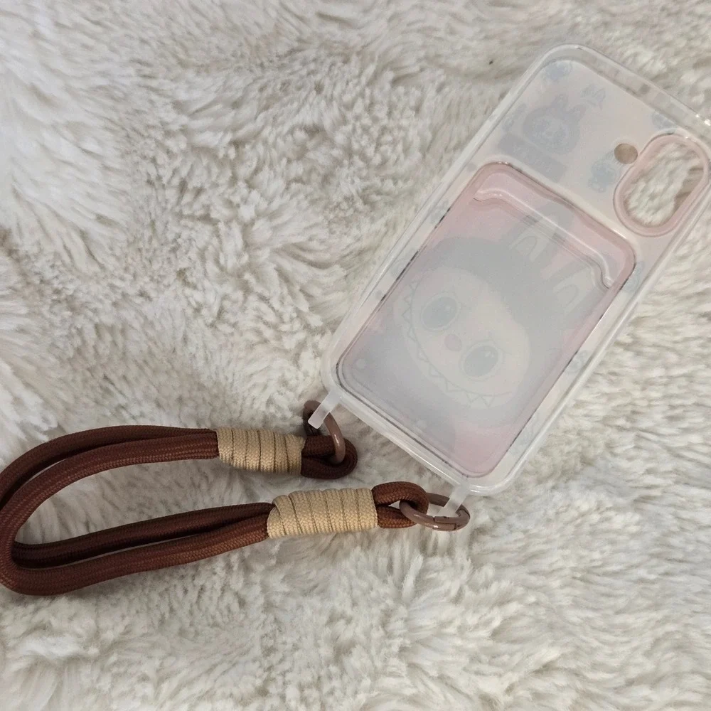 Labubu Phone Case iPhone 16 Brown Pink Monster Wristlet Lanyard Card Slot